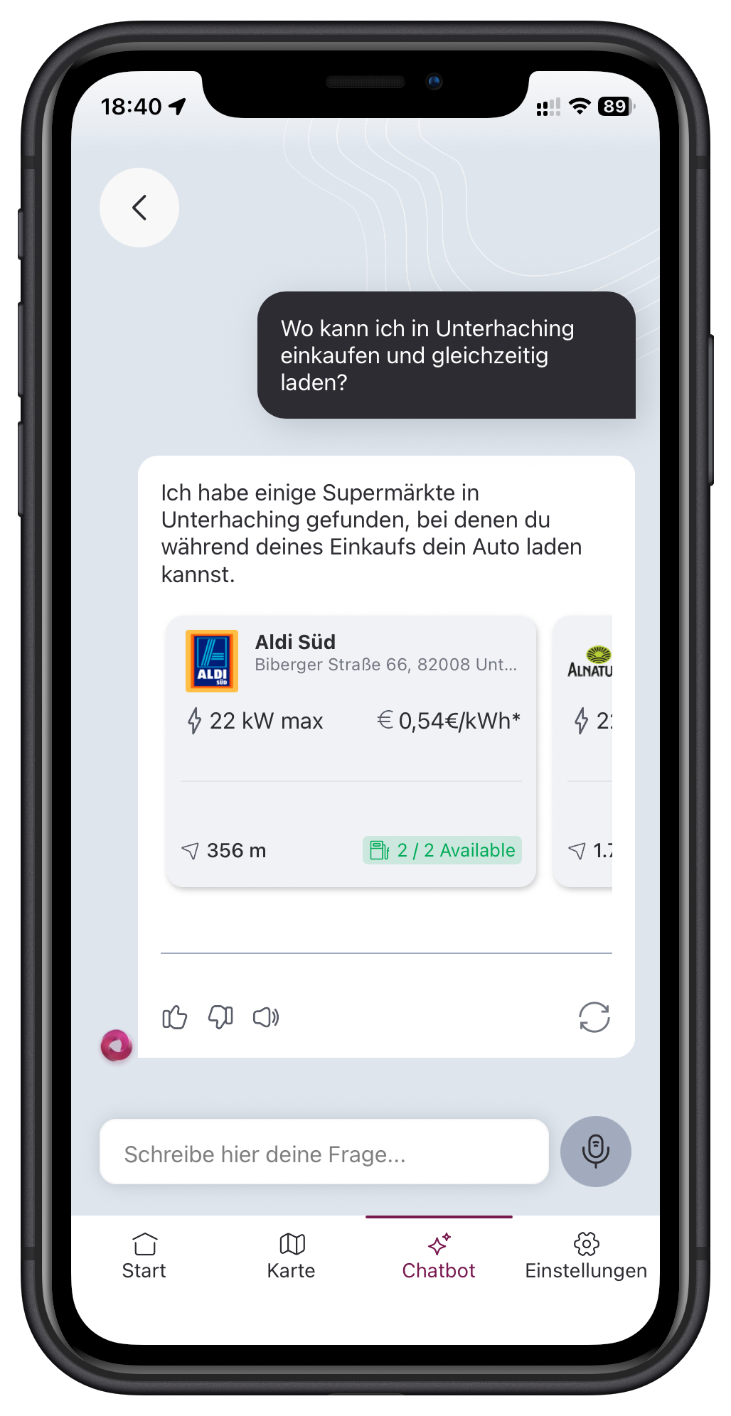 eBuddy Chatbot beantwortet eine kontextbezogene Ladefrage