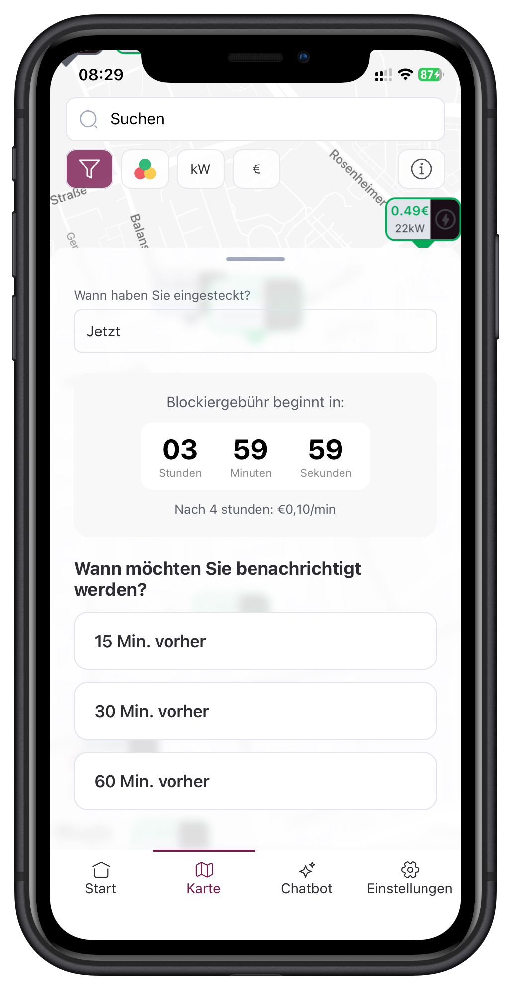 eBuddy Countdown und Einstellungen für Blockiergebühren